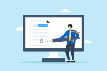 Flat illustration of businessman signing digital signature on computer completing electronic agreement
