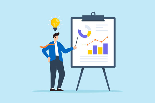 Flat illustration of confident businessman present sales pitch on whiteboard aiming to convince client of idea