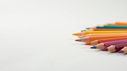 Fototapeta premium A vibrant collection of colored pencils arranged in a semicircle on a pristine white surface, ready for creative expression and artistic endeavors.