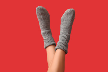 Legs of young woman in grey knitted socks on red background
