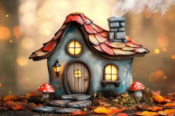 Whimsical Fairy Tale Cottage with Smoke and Mushrooms