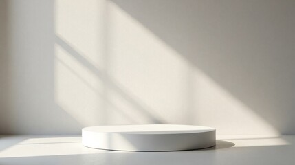Fototapeta premium Minimalist White Circular Pedestal Display in Sunlit Room with Soft Shadows on Wall