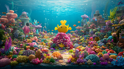 Yellow fish on vibrant coral reef, underwater scene, treasure coins, animation background, children's book illustration.