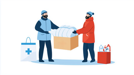 Volunteers Distribute Relief Supplies and Blankets - Flat Design Illustration