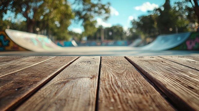 Close-up of empty wooden table skate park photography outdoor environment ground level skateboarding culture