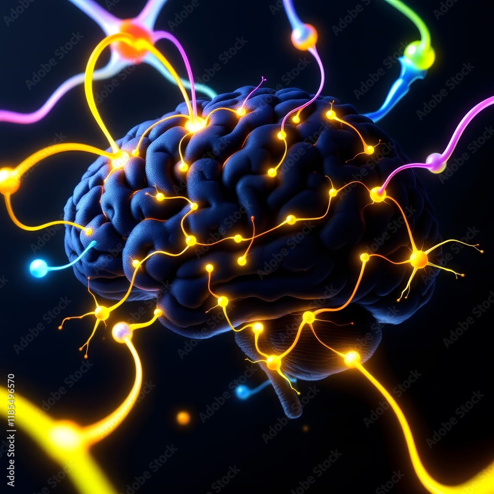 Poster neural network brain with glowing synapses on black background