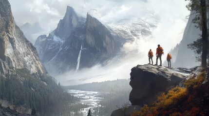 Three Hikers Witnessing a Majestic Mountain Landscape