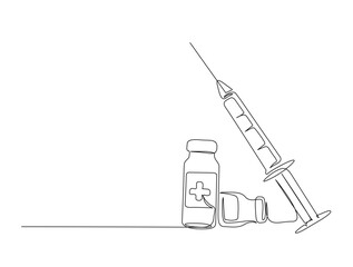 Continuous one line drawing of syringe and vial - medical equiptment. Vaccine and Injection Syringe in single line draw vector illustration. Editable stroke.