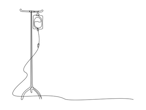 Continuous one line drawing of iv bag - medical equiptment. blood medical bag, iv bag,intravenous bag in single line draw vector illustration. Editable stroke.