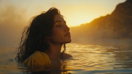 Fototapeta premium Serene Woman in Sunset Hot Springs