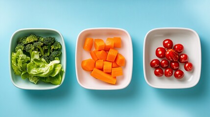  Photo of three bowls with vegetables on a blue background, top view