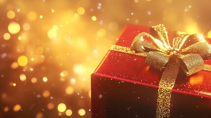 Red present box with a bright golden bow on a glowing gold background, festive atmosphere, and space for ads.