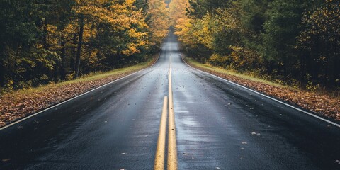 A minimalist top-down view of a single-lane road winding through an expansive forest, showcasing the simplicity of nature's beauty with surrounding untouched greenery. --ar 2:1