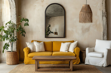 Serene Living Room Interior Design: Mustard Sofa, Natural Textures, and Calm Ambiance
