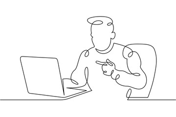 Portrait of a working man at a computer laptop. One continuous drawing line  logo single hand drawn art doodle isolated minimal illustration.Designer journalist manager.