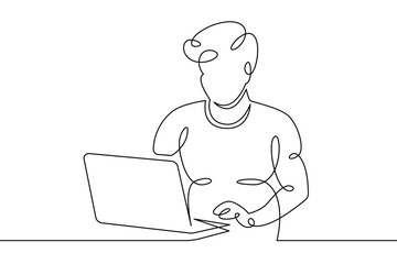 Portrait of a working man at a computer laptop. One continuous drawing line  logo single hand drawn art doodle isolated minimal illustration.Designer journalist manager.