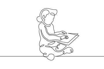 Portrait of a young woman girl reading an open book a textbook. Training and education.  One continuous drawing line logo single hand drawn art doodle isolated minimal illustration.