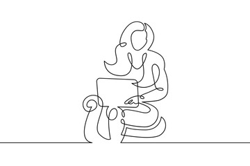 Portrait of a young woman girl working at a laptop computer. Training and education. One continuous drawing line, logo single hand drawn art doodle isolated minimal illustration.