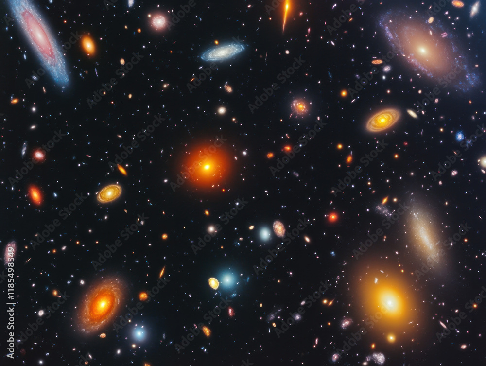 Poster stunning view of countless galaxies in deep space, showcasing vibrant colors and intricate formations. vastness of universe is truly mesmerizing
