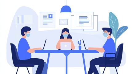 Three people wearing masks, sitting at a table and working on laptops in an office with flat illustrations, vector graphics, simple lines