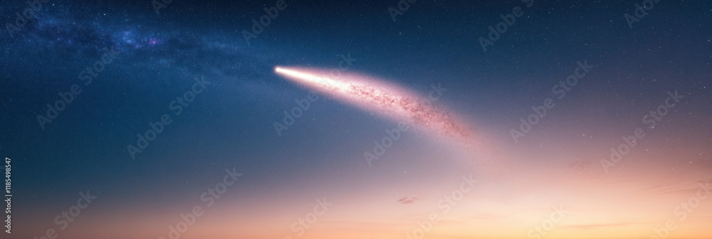 Aufkleber stunning cosmic scene featuring bright comet streaking across twilight sky, illuminating horizon wit