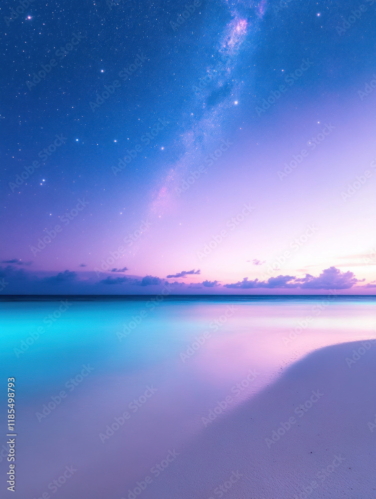 Poster serene beach scene under starry sky, featuring soft waves and gradient of colors. tranquil atmosphere evokes sense of peace and wonder