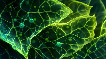 Obraz premium Abstract Cellular Structure Glowing Green Leaves