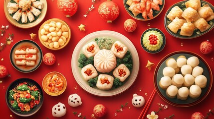 Colorful Array of Dim Sum Dishes Arranged on a Table with Steam Rising Creating a Delicious Atmosphere