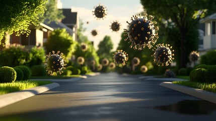 Obraz premium A quiet suburban street at sunrise, with faint, virus hovering above neatly trimmed lawns