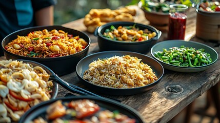 Obraz premium A Cozy Dining Table Adorned with Colorful Bowls of Delicious Food Creating an Inviting Atmosphere
