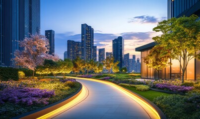Fototapeta premium Modern city center with greenery and bright walkways in city parks