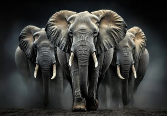 Fototapeta premium The beauty of African elephants showcased against a dark backdrop.