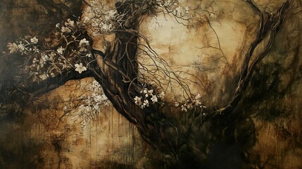 Obraz premium Dark Tree and White Blossoms: A Serene Landscape Painting