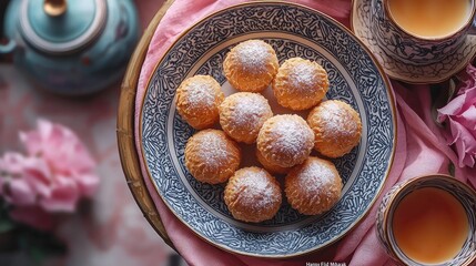 A plate of delicate pastries dusted with powdered sugar sits amidst teacups and flowers on a table