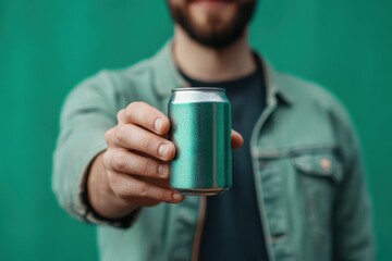 A man is holding a can of beer and smiling