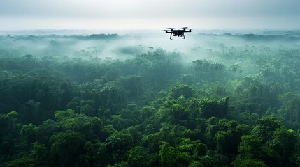 Naklejka premium Drone Soaring Above Misty Rainforest: A Serene Aerial View