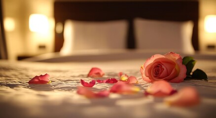Ideal setting for romance with rose petals on the bed.