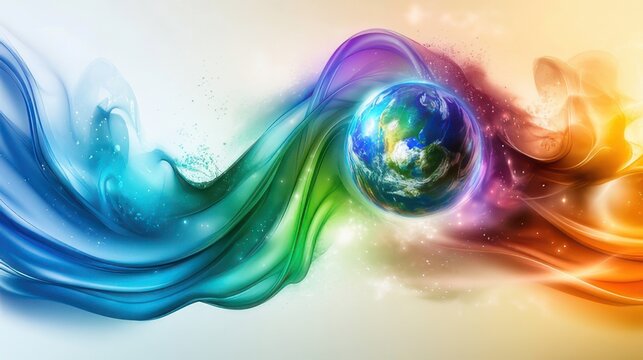 Rainbow Earth: Vibrant, colorful abstract artwork featuring a globe encircled by flowing, rainbow-hued ribbons.  A captivating image symbolizing global connection and vibrant energy.