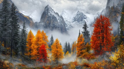 Majestic Autumnal Mountain Landscape Foggy Valley with Vibrant Fall Foliage and Snow capped Peaks