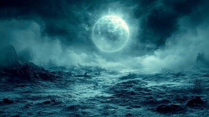 Fototapeta premium Ethereal Nightscape: A Mystical Lunar Landscape Under a Spellbinding Full Moon