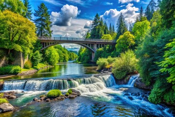 Fototapeta premium Vibrant blue sky arches over Tumwater Falls; shimmering water cascades beneath the bridge.