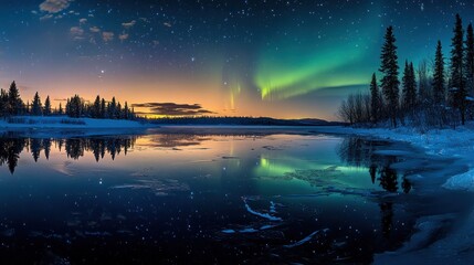 Aurora Borealis Reflecting on a Frozen Lake