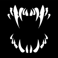Terrible jaws of a beast with white sharp teeth. Vampire teeth for Halloween. Vector isolated on black background.