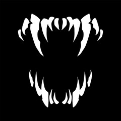 Terrible jaws of a beast with white sharp teeth. Vampire teeth for Halloween. Vector isolated on black background.