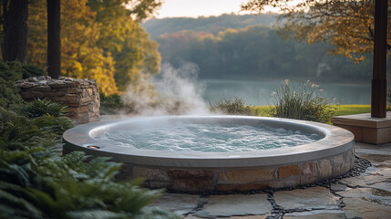 Tranquil Outdoor Hot Tub Surrounded by Lush Greenery and Natural Elements