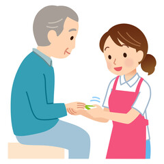 爪を切ってもらう高齢者　介護　ヘルパー