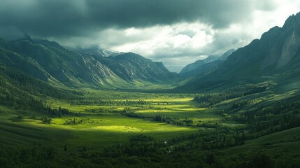 Naklejka premium Mountain Valley Under a Dramatic Sky
