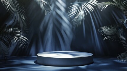 Dark moody scene with a circular platform in a tropical setting, illuminated by sunlight filtering through palm leaves.