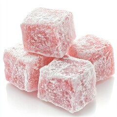 Colorful Turkish delight cubes dusted with powdered sugar stacked on a white background for sweet treat displays and desserts