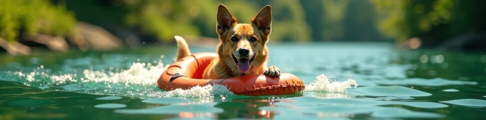 Herding instincts abandoned, dog enjoys summer float, canine, inflatable